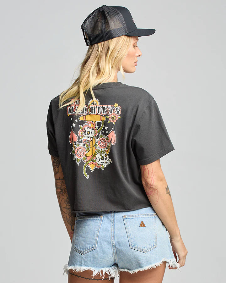 THE MAD HUEYS SKULL TATTOO WOMENS CROP SS TEE VINTAGE BLACK Oversized T-Shirt Spandex breathable