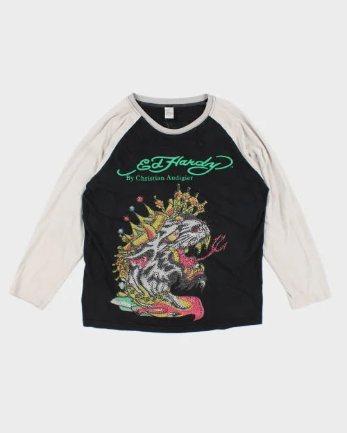 Vintage Y2K Ed Hardy Sequin Tiger Long-sleeved T-Shirt - XXL Zippered Buttoned Snapped