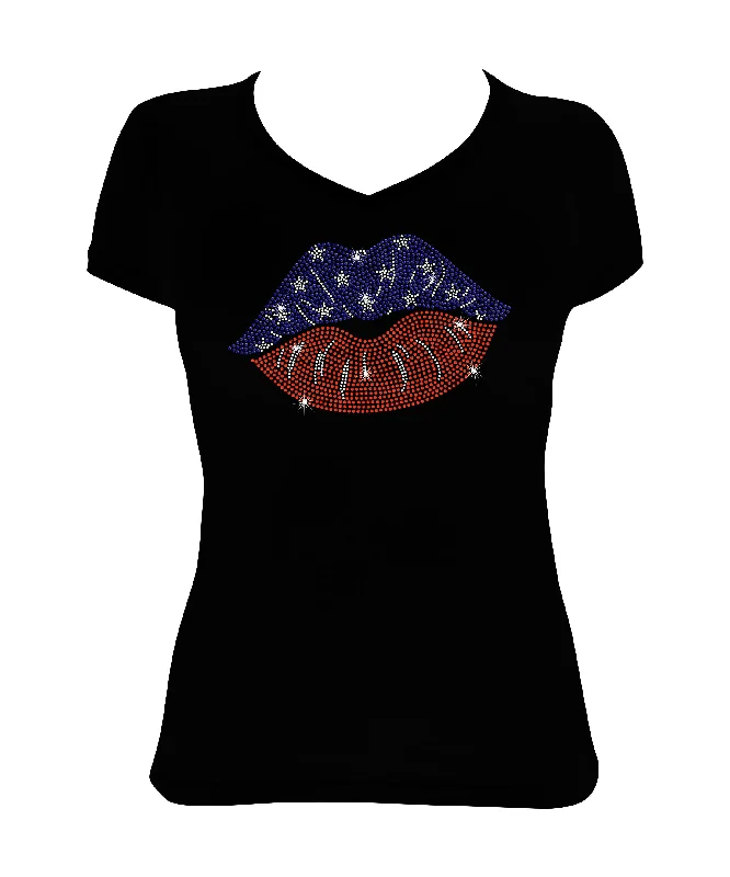 Women's Rhinestone Fitted Tight Snug 4th of July Lips - in Red, White & Blue, Patriotic Shirt, 4th of July Shirt Mesh Canvas Denim