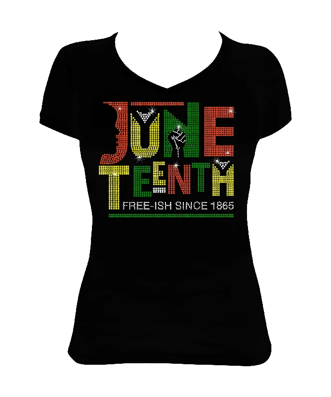 Women's Rhinestone Fitted Tight Snug Juneteenth Free-ish Since 1865 - Juneteenth Shirt with Fist Layered Multi-layer Single Layer