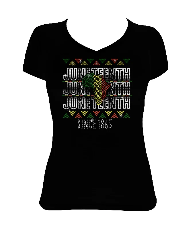 Women's Rhinestone Fitted Tight Snug Juneteenth Since 1865 - with African Colors, Rhinestone Juneteenth Shirt Front Pockets Side Pockets Patch Pockets