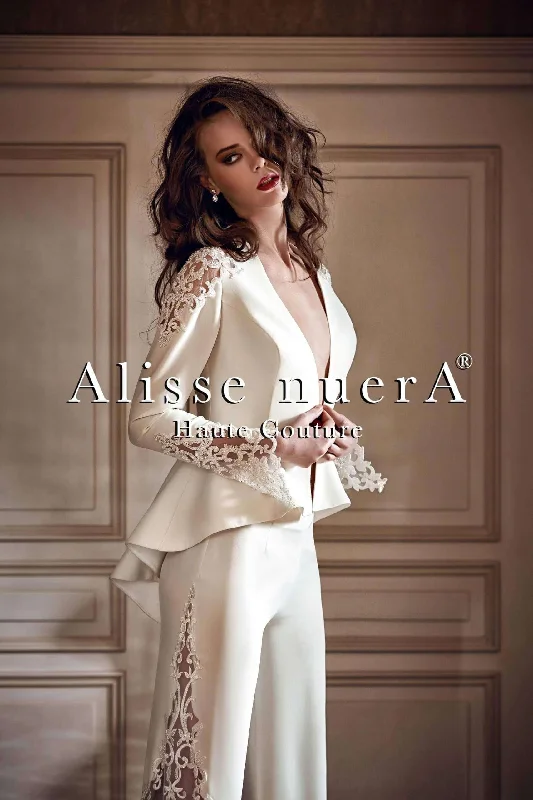 Bridal Suit with Lace Jacket and Trousers One-Shoulder Jacket Off-the-Shoulder Jacket Asymmetrical Jacket