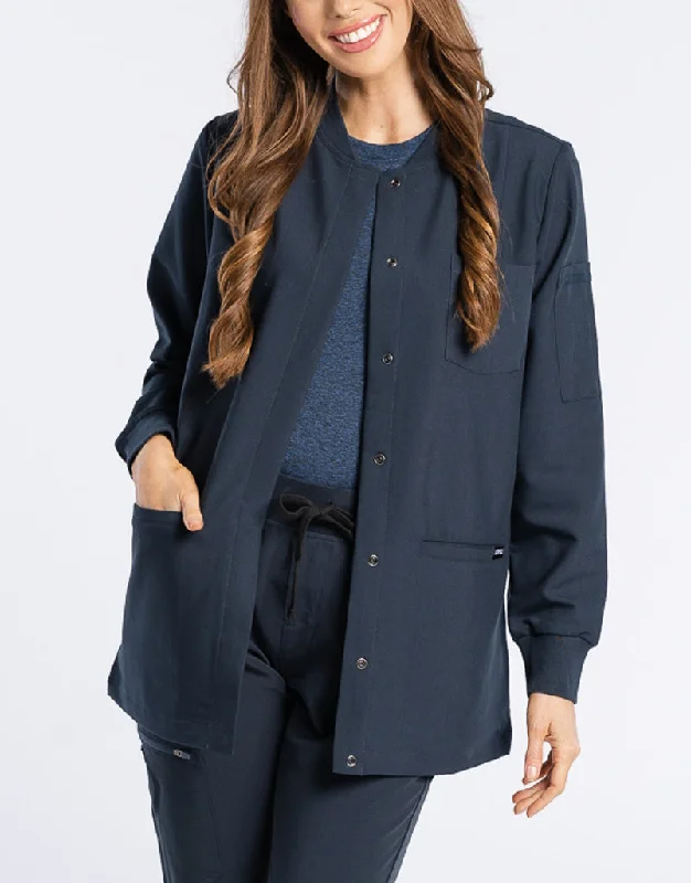 Scrub Jacket Button Up - Midnight Navy A-Line Jacket Boat Neck Shawl Collar