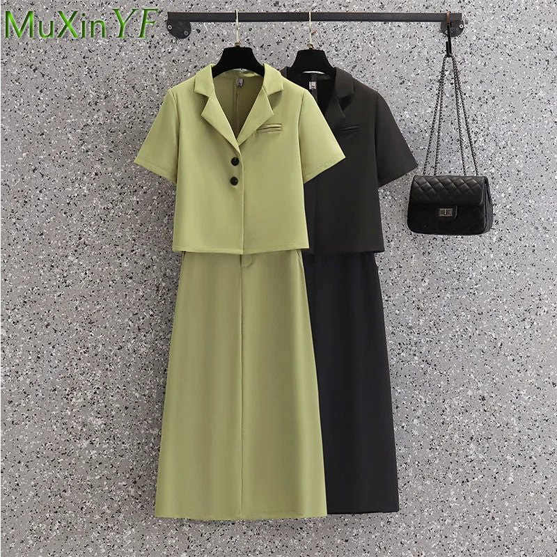 2023 Summer Korean Women's Blazers Midi Skirts Two Piece Set Office Lady Casual Solid Shorts Suit Jacket Skirt Outfits Front Pockets Side Pockets Patch Pockets