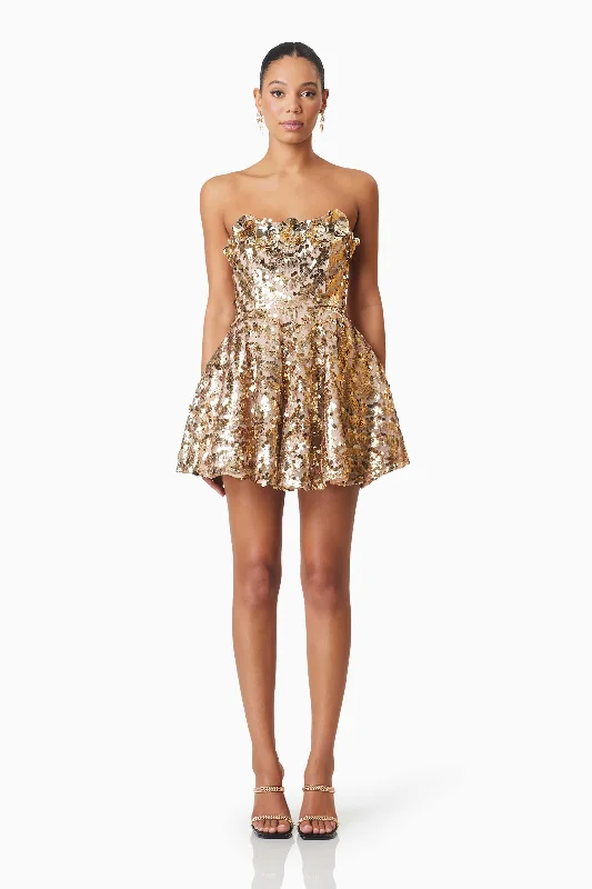 Alisha Strapless Fit & Flare Mini Dress In Gold Elegant Lace-Up Mini Dress