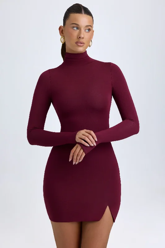 Modal Turtleneck Mini Dress in Wine Red Modern Satin Mini Dress