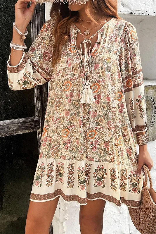 Blue Zone Planet |  Apricot Floral Print Tassel Drawstring V Neck Loose Mini Dress Fashionable Button-Front Mini Dress