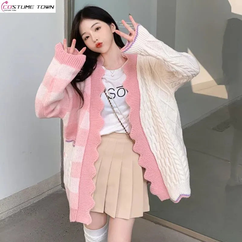 Autumn and winter celebrity's same design loose sweater cardigan jacket lazy style checkered knit sweater Rayon Fabric Velvet Fabric Corduroy Fabric