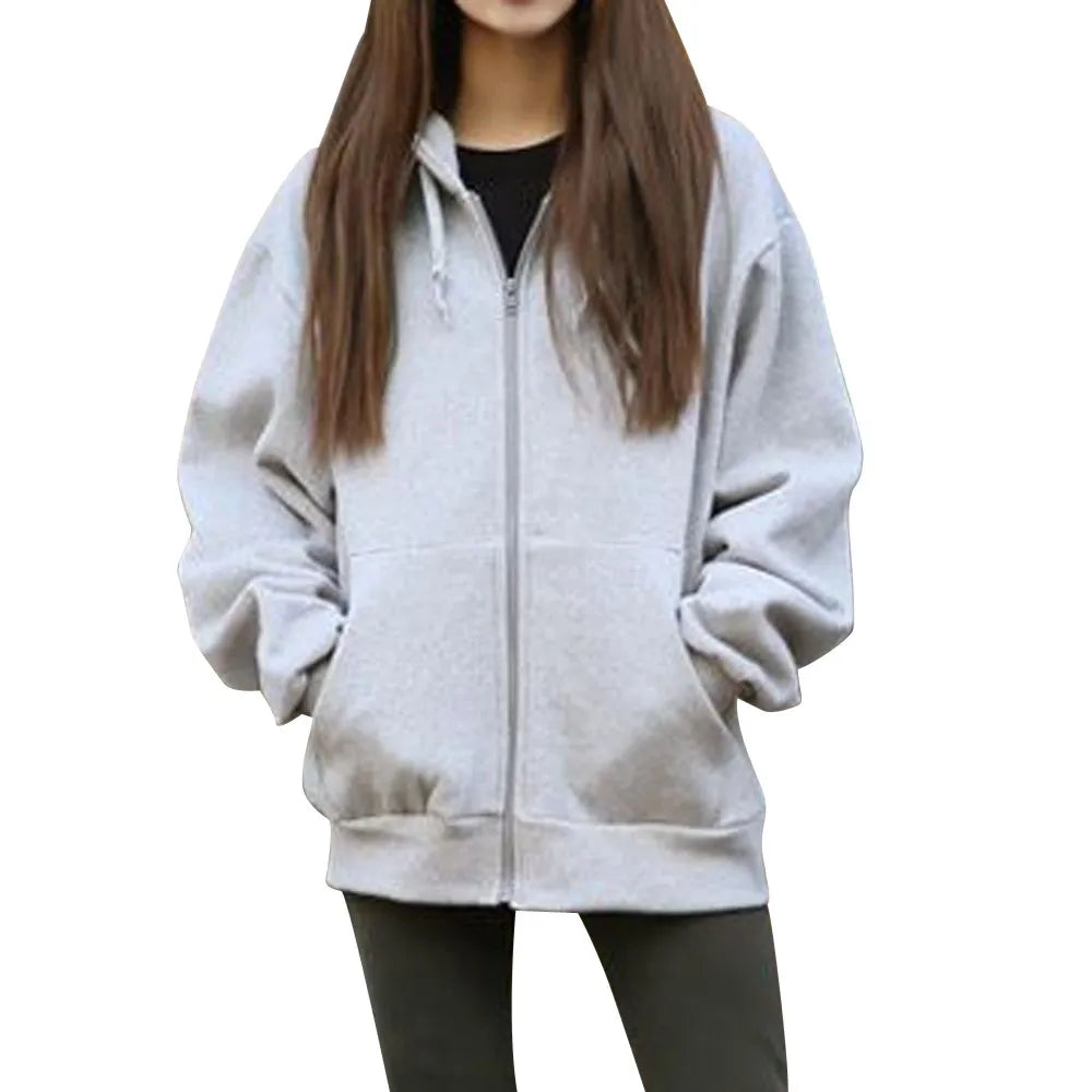 Autumn and Winter Women Hooded Fleece Long Sleeve Loose Casual Zip Pockets Solid Jacket Coat Welt Pockets Slit Pockets Flap Pockets