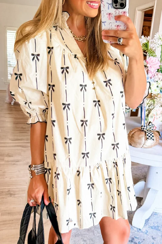 Blue Zone Planet |  Beige Cute Bowknot Printed Bubble Sleeve V Neck Mini Dress Fashionable Mini Dress with Pockets