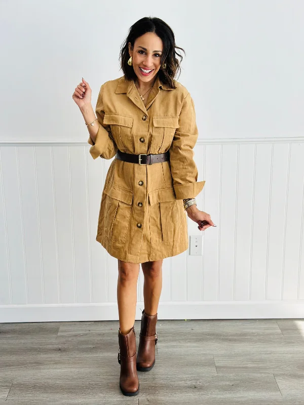 Belted Brushed Twill Mini Dress (Reg) Chic Puff Sleeve Mini Dress