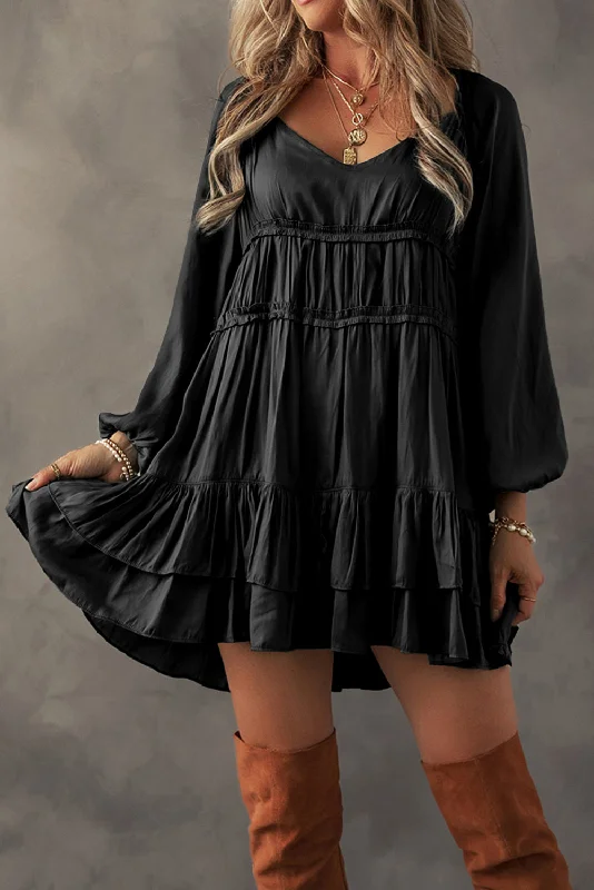 Blue Zone Planet |  Black Tiered Ruffled Puff Sleeve Loose Fit Mini Dress Fashionable Off-Shoulder Mini Dress