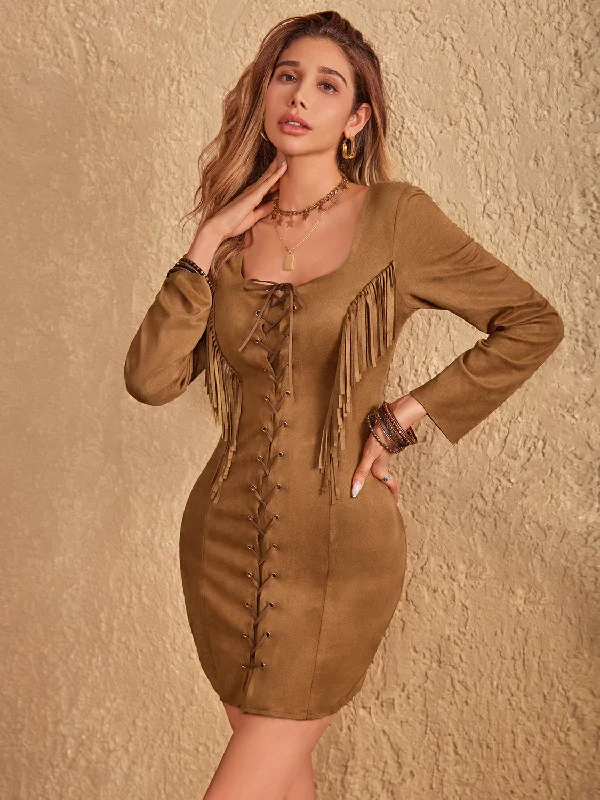 Blue Zone Planet |  Fringe Lace Up Square Neck Long Sleeve Mini Dress Trendy Floral Mini Dress