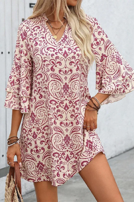 Blue Zone Planet |  Pink Paisley Print Tiered 3/4 Sleeve Notched Neck Mini Dress Cozy Ruched Mini Dress