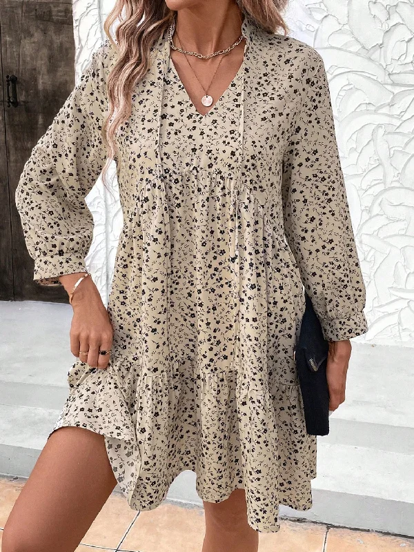 Blue Zone Planet |  Tied Printed Long Sleeve Mini Dress Comfortable Linen Mini Dress