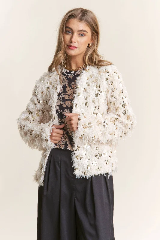 Fuzzy Sequins Open Jacket: Bisque Sand Knit Fabric Woven Fabric Fleece Fabric