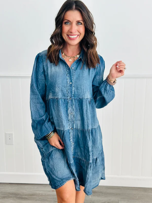 Denim Blue Chambray Tiered Mini Dress (Reg & Plus) Fashionable Button-Front Mini Dress