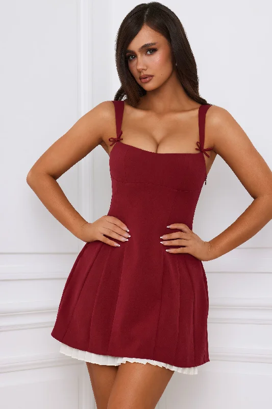 Bow-Detail Pleated A-Line Mini Dress in Berry Red Cozy Knitted Mini Dress