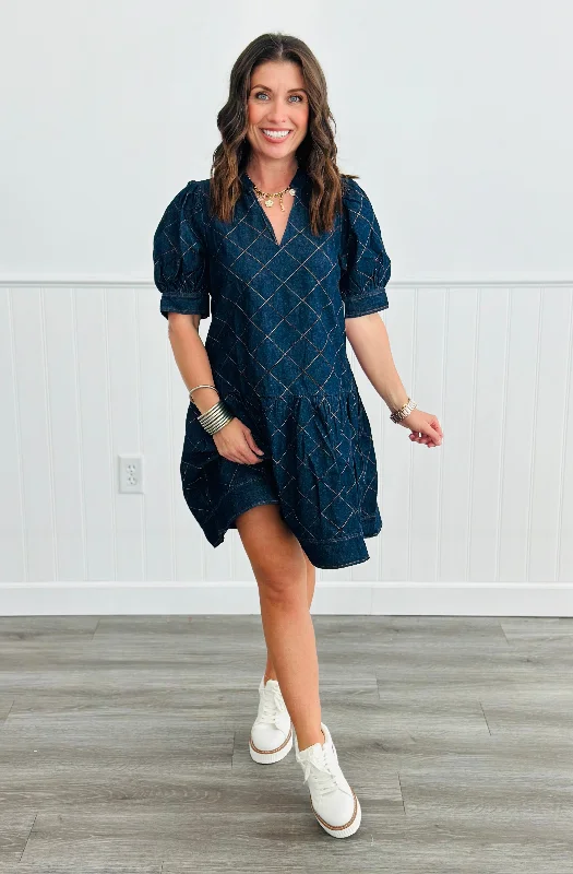 Dark Denim Quilted Mini Dress (Reg) Comfortable Off-Shoulder Mini Dress