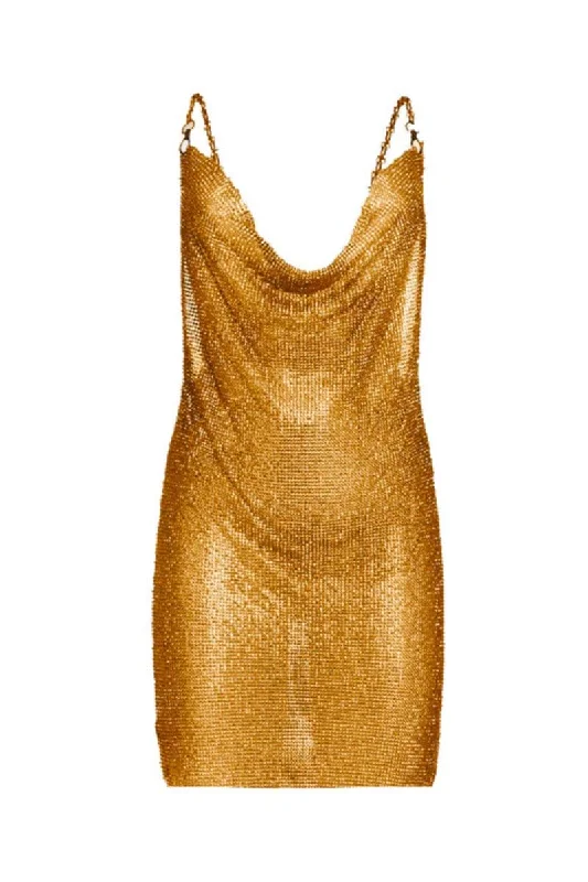 DARK GOLD X CHAIN CRYSTALS MINI DRESS Cozy Satin Mini Dress