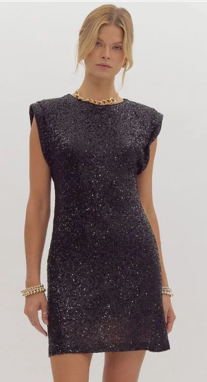 Dazzling Black Sequined Mini Dress (Reg) Comfortable Fit-and-Flare Mini Dress