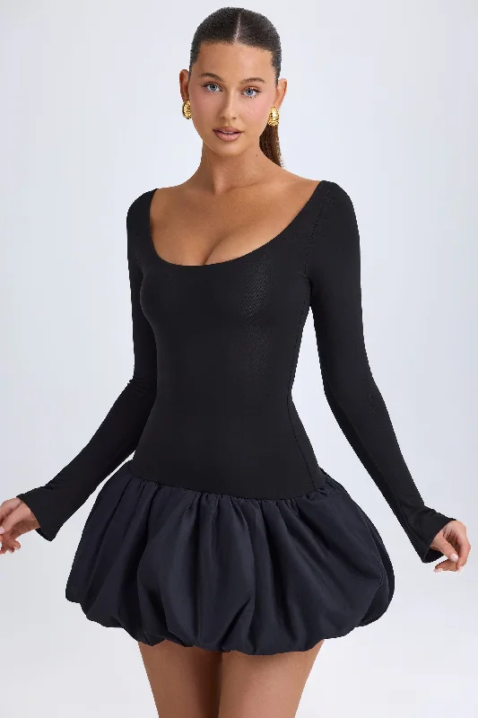 Scoop-Neck Drop-Waist Bubble Hem Mini Dress in Black Elegant Mini Dress with Ruffles