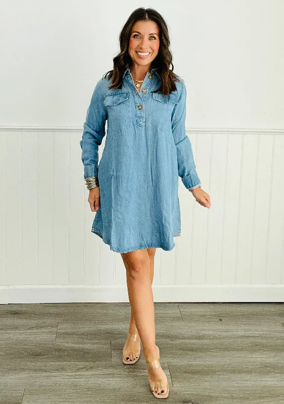 Denim Collared Pocket Mini Dress (Reg.) Comfortable Linen Mini Dress