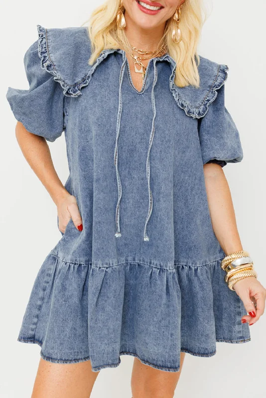 Blue Zone Planet |  Dusk Blue Ruffled Collared Side Pockets Puff Sleeve Denim Mini Dress Trendy Mini Dress with Belt