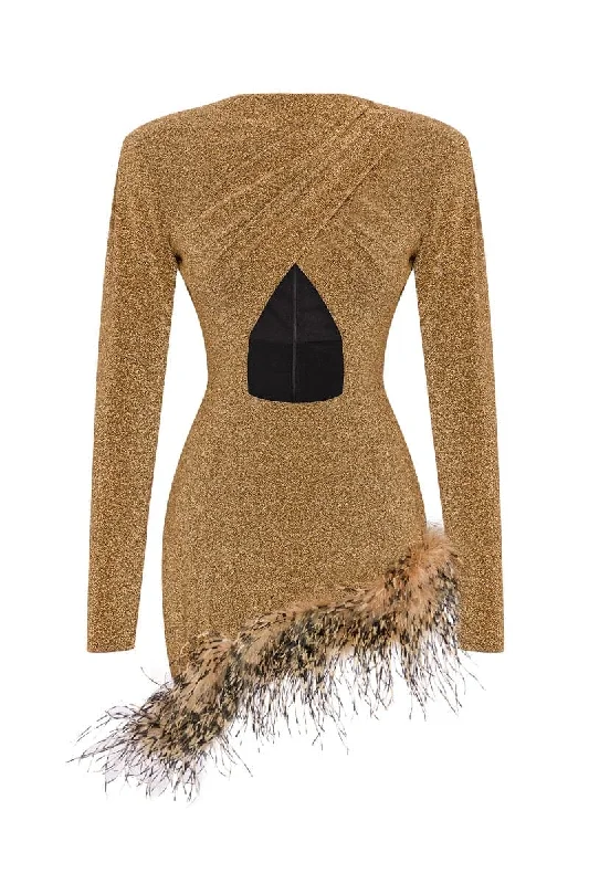 GOLDEN METALLIC FEATHER-TRIMMED MINI DRESS Cozy Ribbed Mini Dress