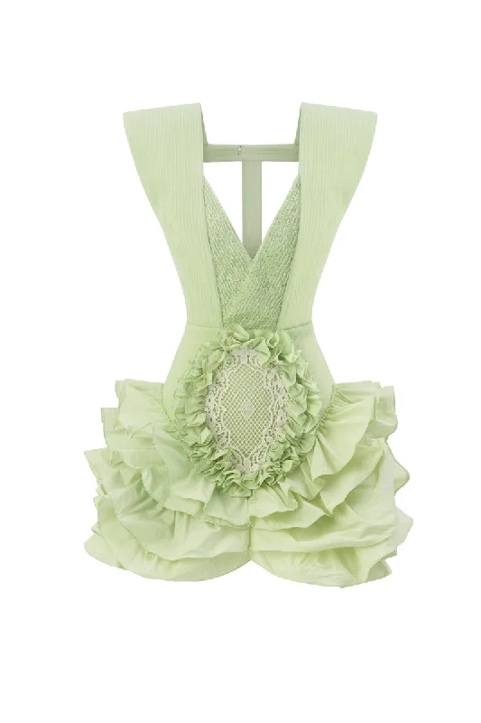 GREEN LACE DETAILED TAFFETA MINI DRESS Classic Floral Mini Dress