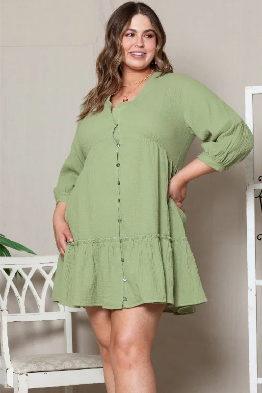 Blue Zone Planet |  Green Textured Ruffled Buttoned V Neck Plus Size Mini Dress Elegant Lace Mini Dress