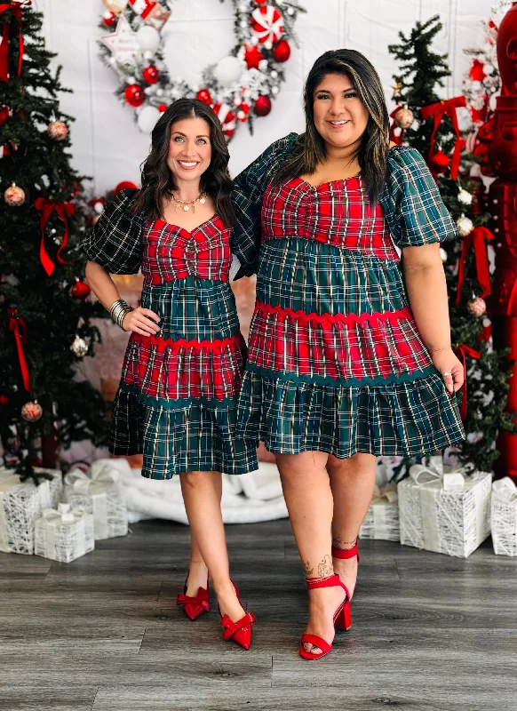 Holiday Mixed Plaid Mini Dress (Reg & Plus) Elegant Lace-Up Mini Dress