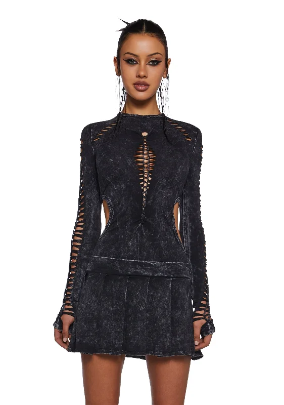 Into It Shredded Mini Dress - Black Fashionable Lace Mini Dress