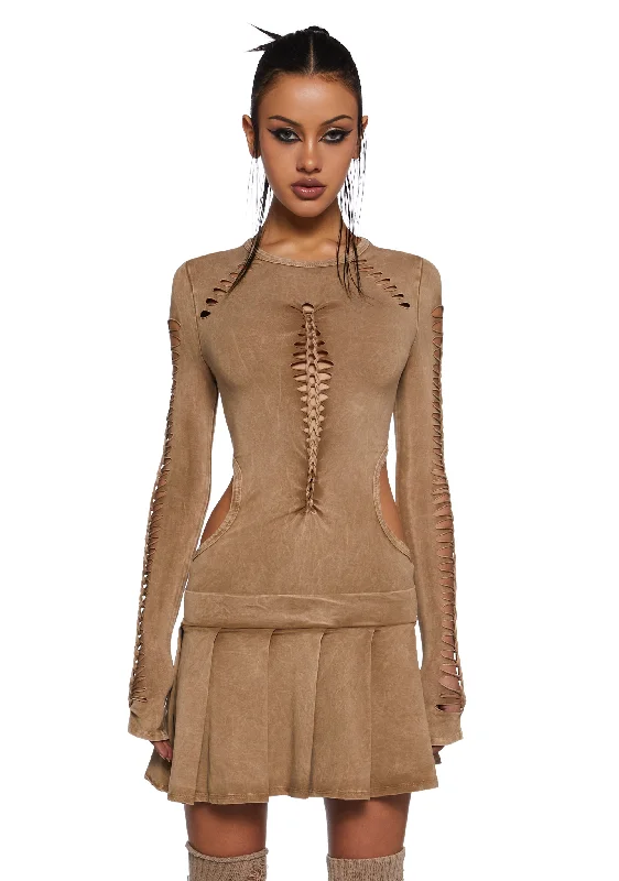 Into It Shredded Mini Dress - Gold Fashionable Mini Dress with Slits