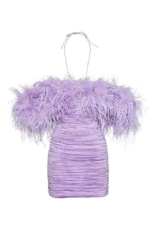 KAIA LILAC RUCHED MINI DRESS WITH FEATHER-DETAILS Elegant Vintage Mini Dress