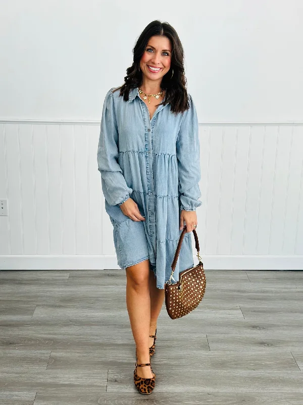 Lt. Blue Chambray Tiered Mini Dress (Reg & Plus) Stylish Summer Mini Dress