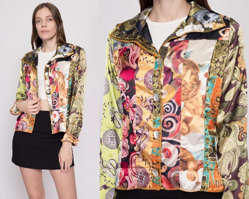 Medium 90s Baroque Patchwork Satin Cropped Jacket Elasticated Jacket Padded Jacket Insulated Jacket