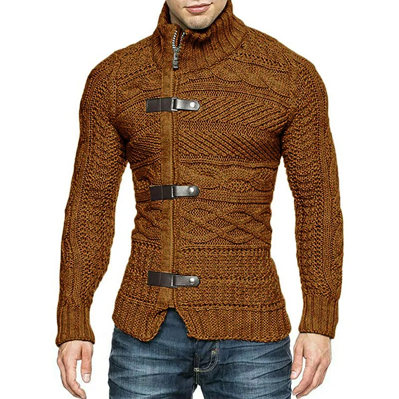 FZ Men's Leather Button Long Sleeve Knitted Sweater Jacket Fleece Jacket Down Jacket Parka