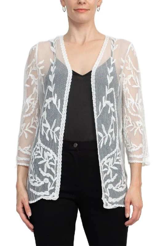 Nine Leonard V-Neck Open Front 3-4 Sleeve Floral Embroidered Mesh Jacket Satin Fabric Silk Fabric Chiffon Fabric