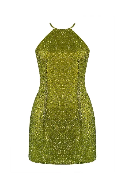 PARADISO GREEN HIGH-NECK MINI DRESS Comfortable Fit-and-Flare Mini Dress