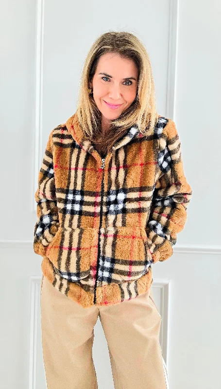 Plaid Fur Zip Hoodie Jacket A-Line Jacket Boat Neck Shawl Collar