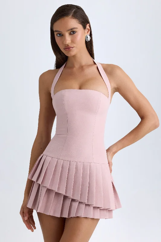 Asymmetric Layered Halterneck Mini Dress in Pink Mauve Stylish Short Sleeve Mini Dress