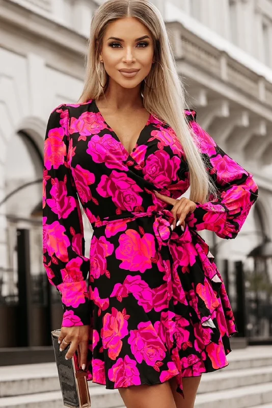 Blue Zone Planet |  Rose Floral Print V Neck Wrap Bishop Sleeve Ruffle Tiered Mini Dress Stylish Button-Down Mini Dress