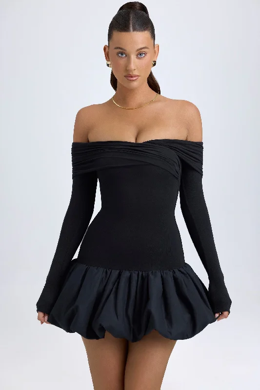 Modal Off-Shoulder Bubble Hem Mini Dress in Black Stylish Puff Sleeve Mini Dress