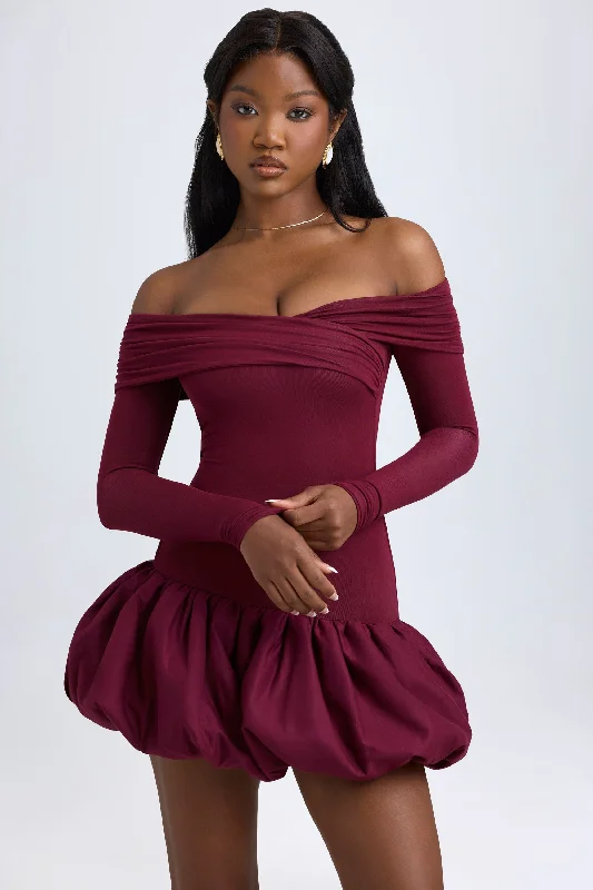 Modal Off-Shoulder Bubble Hem Mini Dress in Wine Red Cozy Sweater Mini Dress