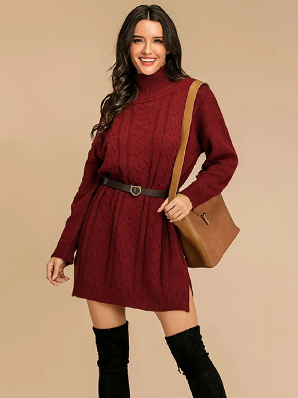 Slit Turtleneck Long Sleeve Mini Sweater Mini Dress Trendy Tulle Mini Dress