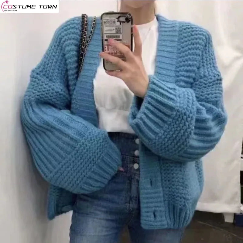 Solid color V-neck sweater jacket for spring and autumn 2024 new Korean lazy loose short knitted cardigan Welt Pockets Slit Pockets Flap Pockets