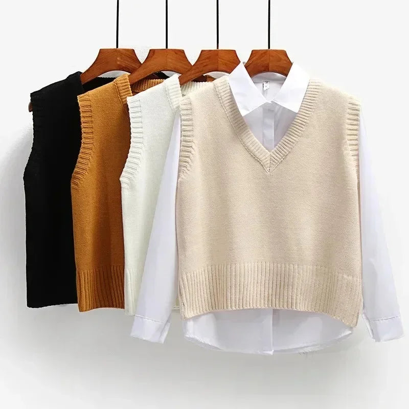 Spring and Autumn Women's Knitted Sweater Vest Short Loose Retro Sweater Sleeveless Girls V-Neck Pullover Top Women Jacket Belted Jacket Elasticated Jacket Padded Jacket