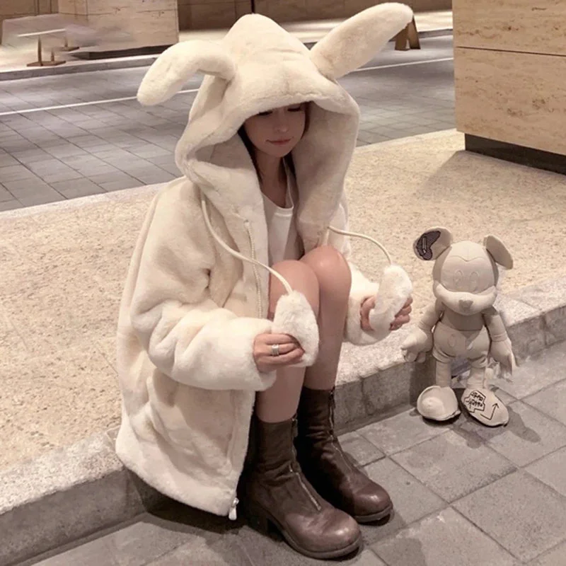 Spring Fluffy Jacket With Rabbit Ears Sleeve Zipper Faux Fur Hoodie Chenille Jacket Brocade Jacket Lace Jacket