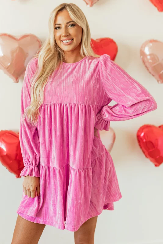 Blue Zone Planet |  Strawberry Pink Flounce Sleeve Tiered Ruffled Velvet Mini Dress Classic Solid Mini Dress